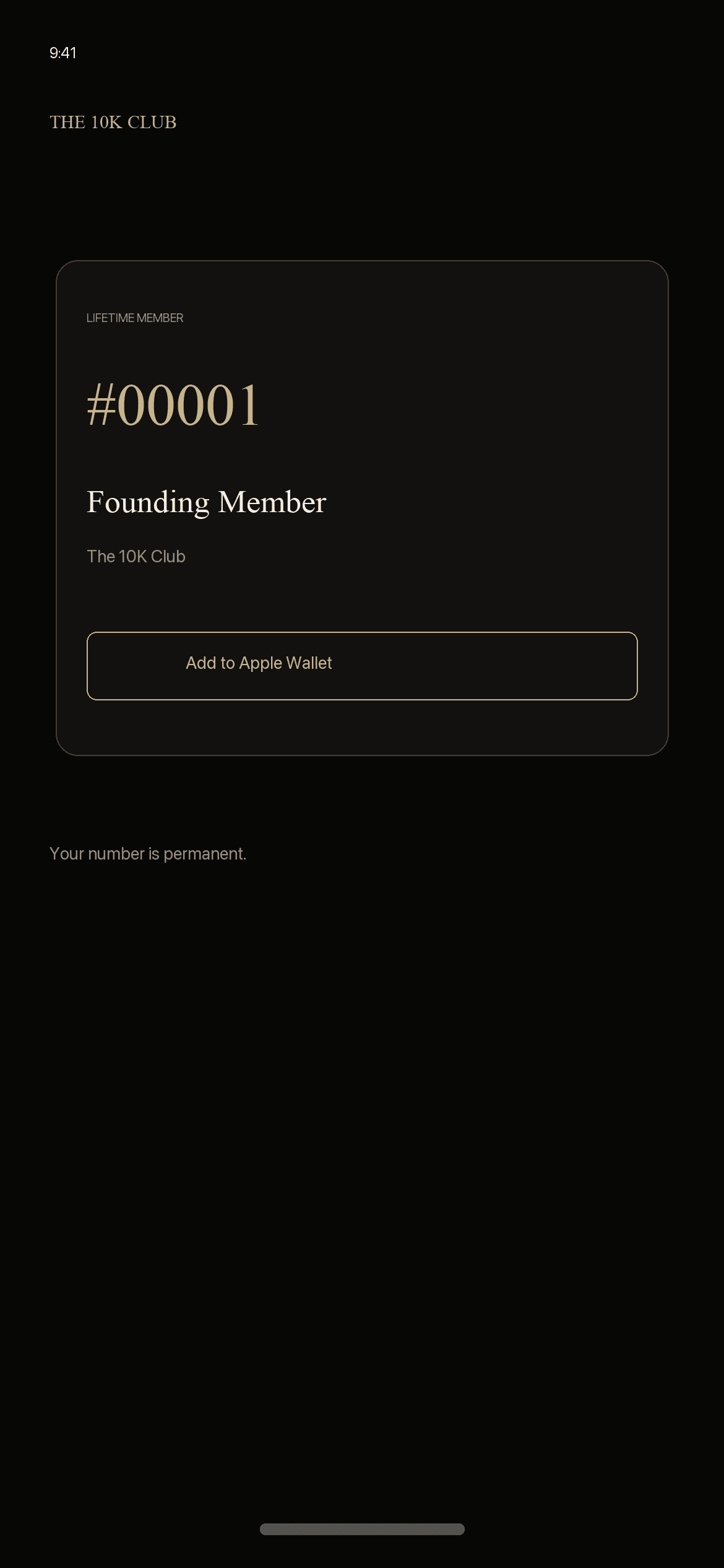 The 10K Club iOS app showing a numbered lifetime membership