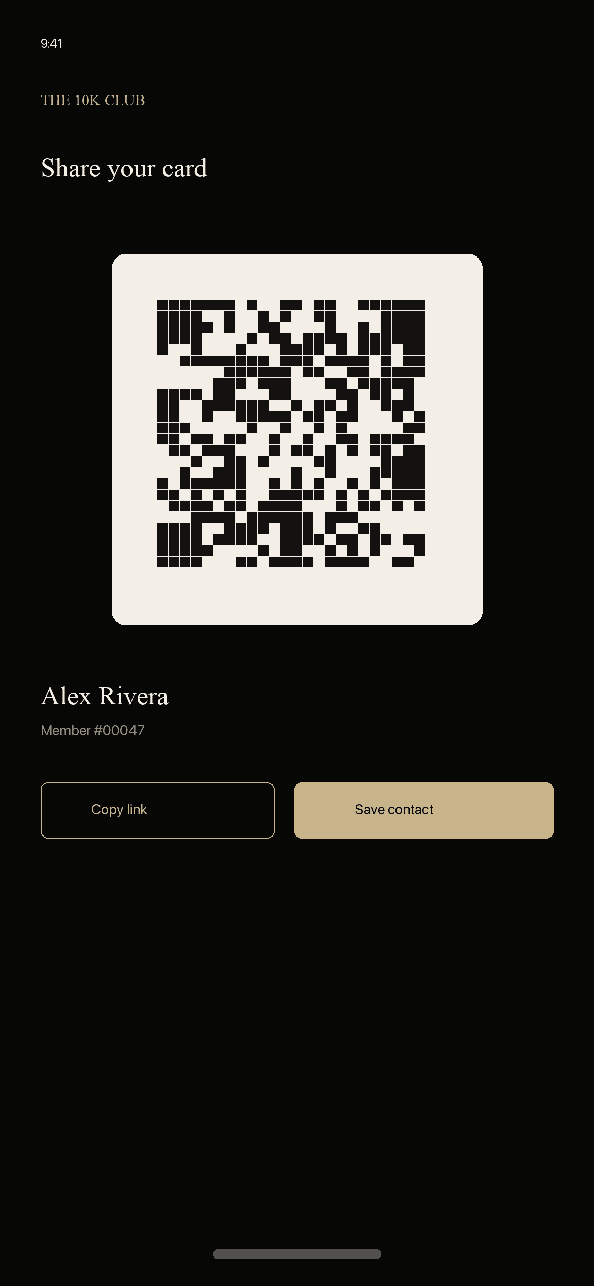 Sharing a The 10K Club digital card with a QR code